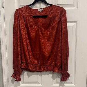 Status by Chenault Rust Satin V-Neck Long Sleeve Blouse size L E7